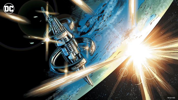 DC Comics Justice League spaceship near Earth