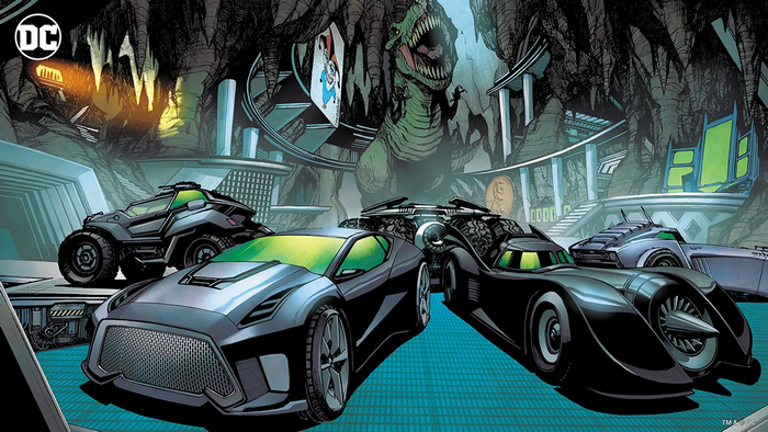 Batcave with Batmobiles and Dinosaur