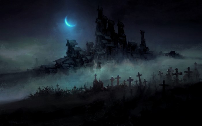 Dark cemetery with a crescent moon and haunted buildings