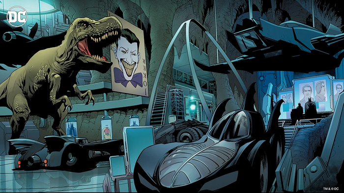 Batcave with T-Rex, Joker card, and Batmobiles