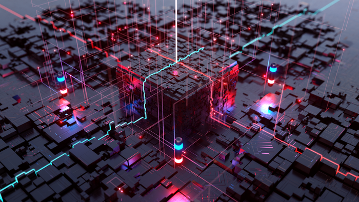 Abstract digital circuit board with glowing lines