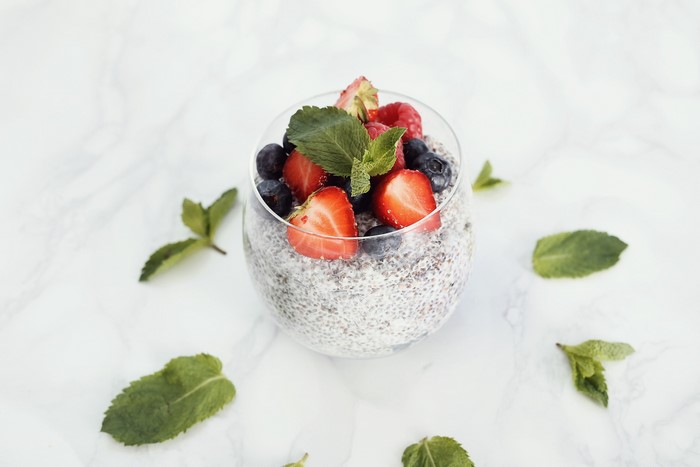 Chia pudding with berries and mint