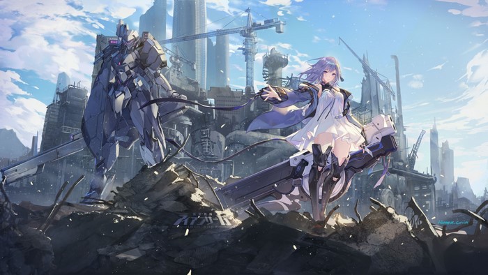 Teresa from Iron Saga with a giant robot in a ruined cityscape