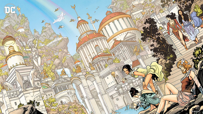 Women on Themyscira with DC Comics logo