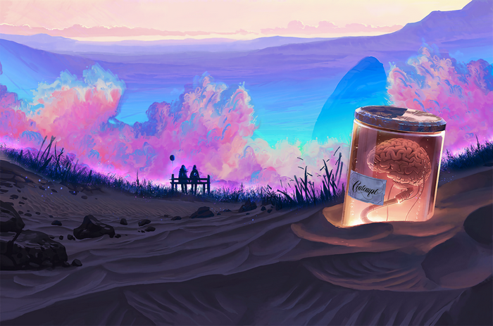 Couple on bench in desert with brain in a jar