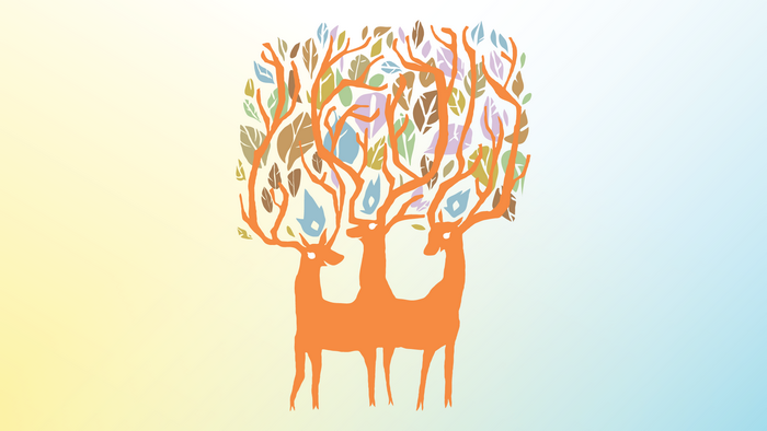 Three deer with tree branches and leaves