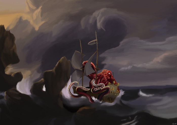 Kraken attacking a ship in a storm