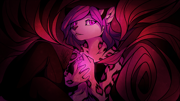 Furry leopard character with pink hair and glowing hands