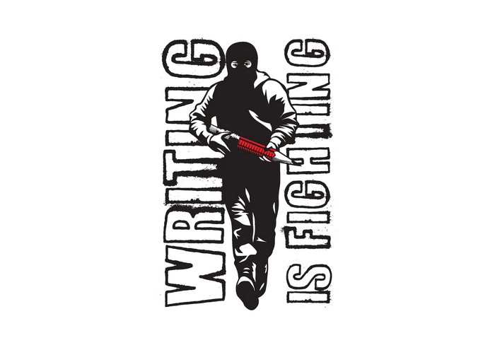 Artwork of a person with a gun and text