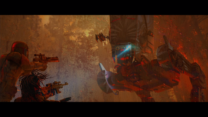 The Mandalorian and a Predator fighting a large robot