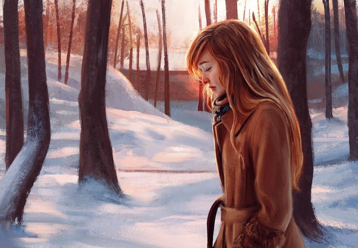 Digital painting of a woman in a snowy forest