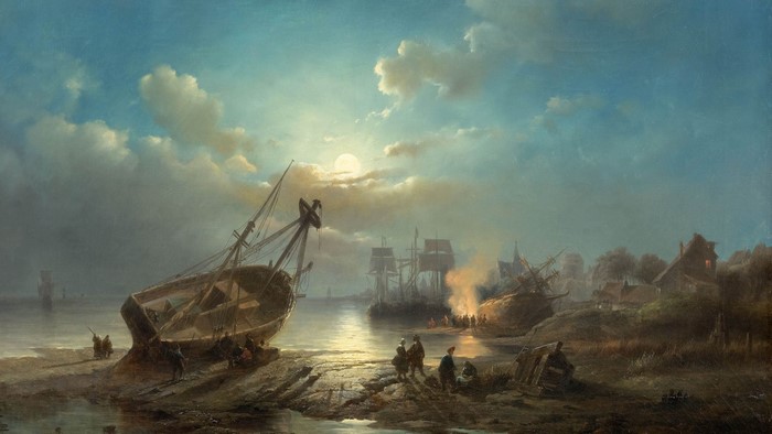 Shipwreck scene with figures on the shore and moonlit sky