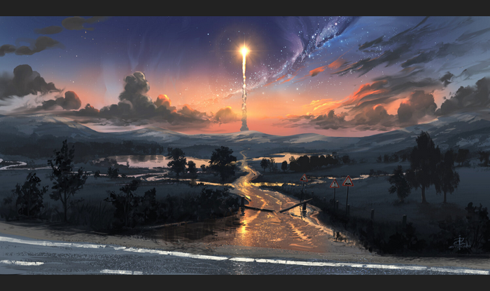 Digital painting of a rocket launch at sunset over a rural landscape