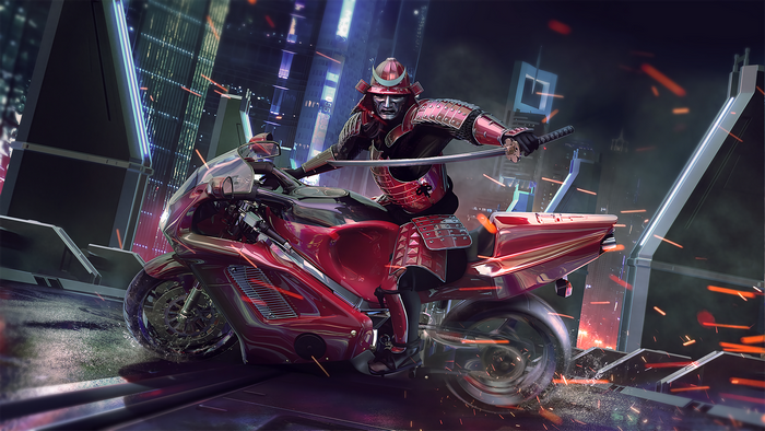 Samurai on a motorcycle with a katana in a futuristic city