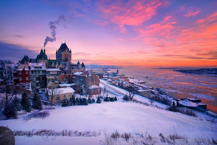 Château Frontenac in Quebec during winter at sunset
