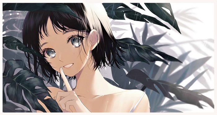 Anime girl with short black hair and gray eyes in the rain
