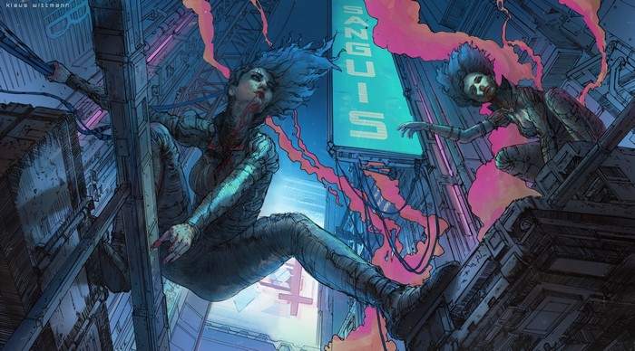 Women in a cyberpunk city with blood