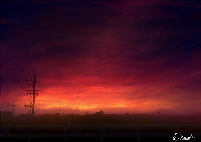 Anime city skyline at sunset with power lines