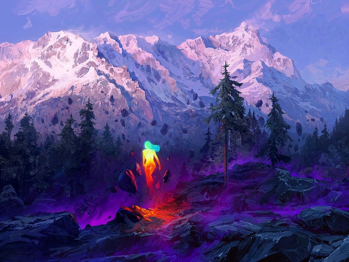 Floating woman in colorful aura over rocky landscape with mountains