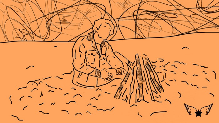 Person by a campfire in abstract line art