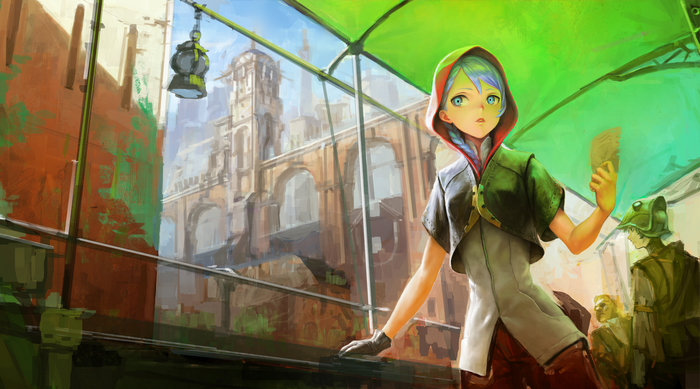 Girl with blue hair and gloves in a market