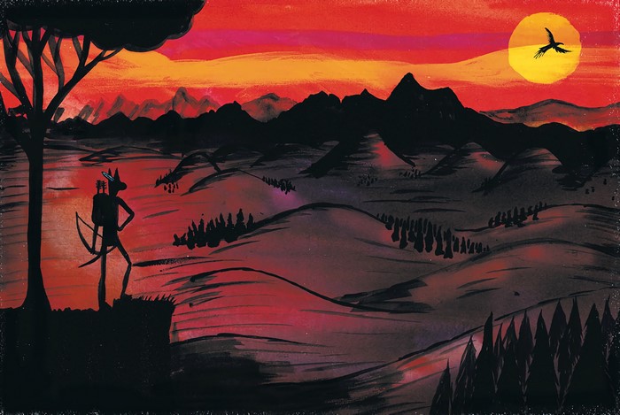 Artwork by Nick McFarlane with a red sunset landscape