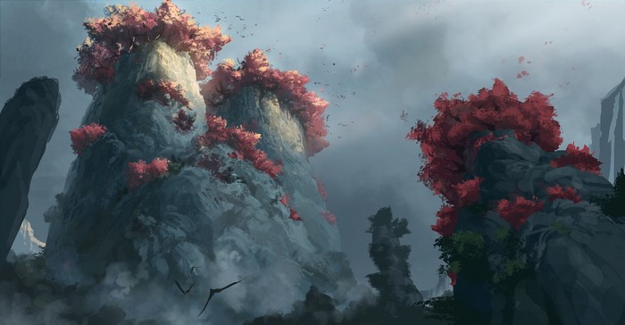 Fantasy art of rocky mountains with red trees