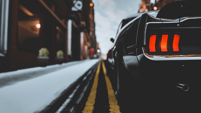 Black Ford Mustang in a City Street