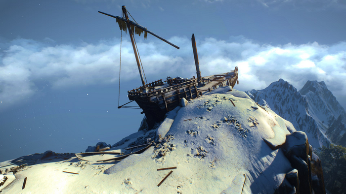 Shipwreck on a snowy mountain peak in The Witcher 3: Wild Hunt