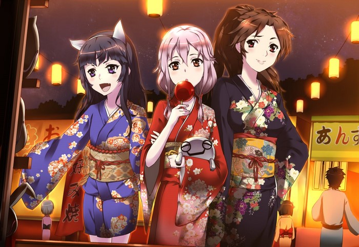 Three girls in kimonos at a Japanese festival