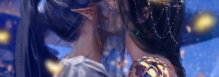 Two women with black and gray hair, WLOP, Ghostblade
