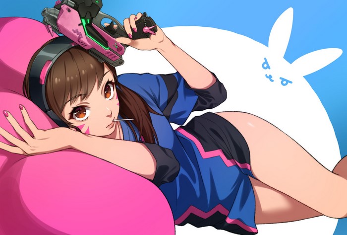 D.Va from Overwatch with a lollipop and weapon