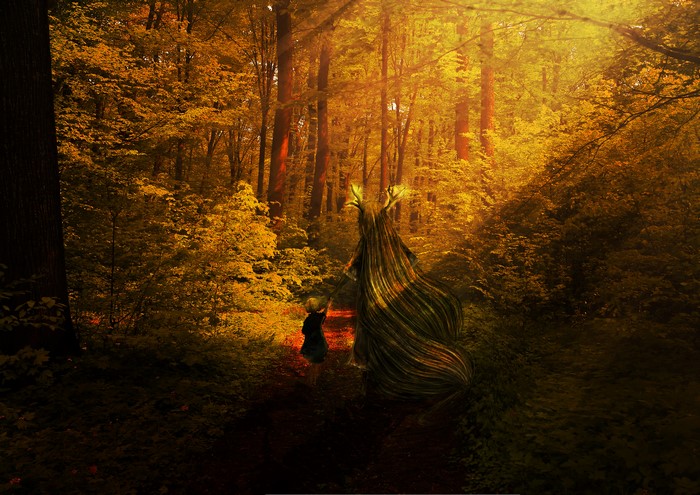Child and creature in a sunlit forest