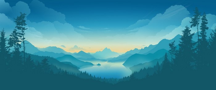 Cyan mountain valley with a lake and forest