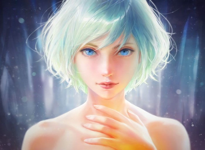Woman with short green hair and blue eyes