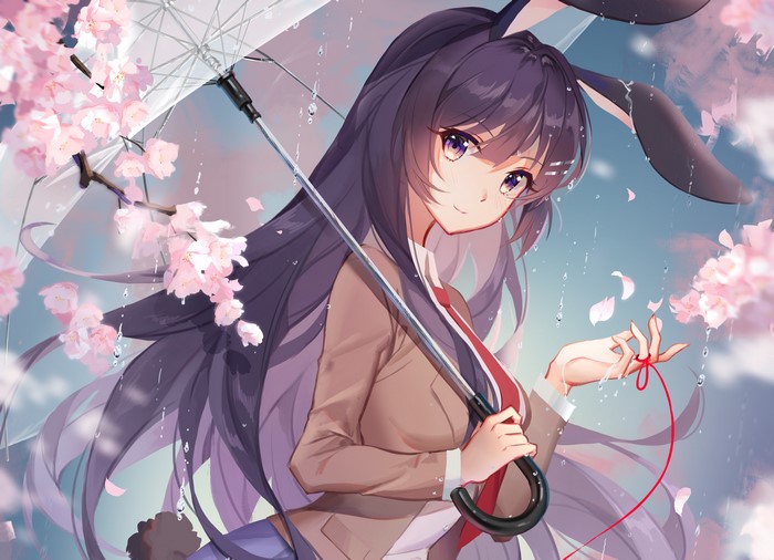 Sakurajima Mai from Seishun Buta Yarō wa Bunny Girl-senpai no Yume wo Minai with umbrella in rain