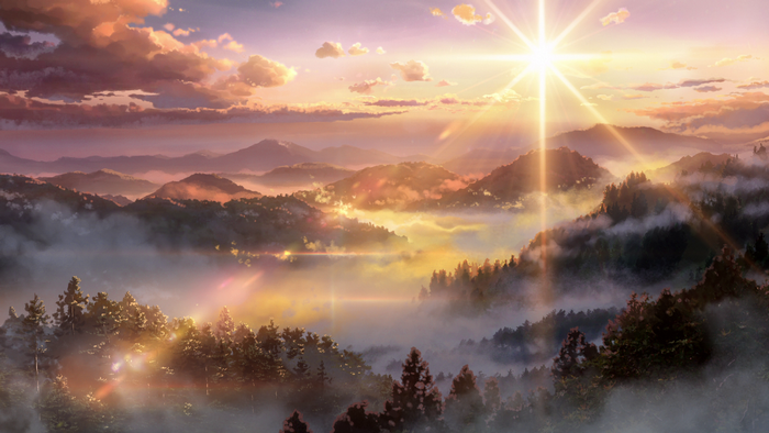 Kimi no Na Wa anime landscape with mountains and sun