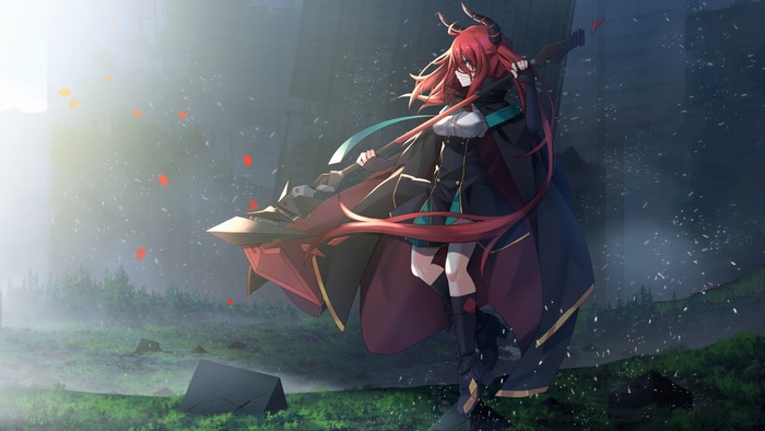 Anime girl with red hair and horns holding a weapon