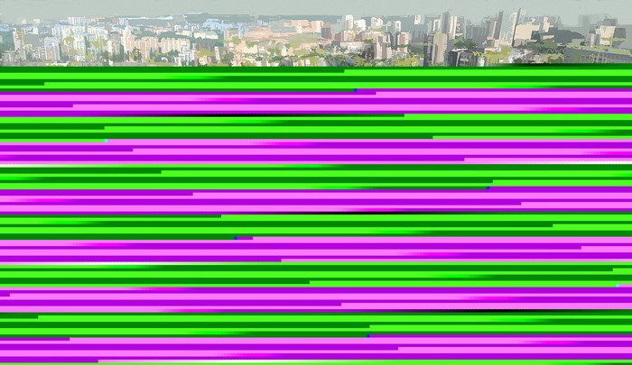 Digital art of a city skyline with horizontal lines