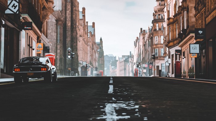 Black Ford Mustang on a wet street in Forza Horizon 4