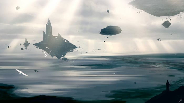 Fantasy landscape with floating islands and ruins