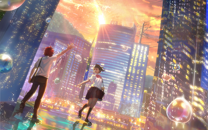 Anime boy and girl in a futuristic city at sunset