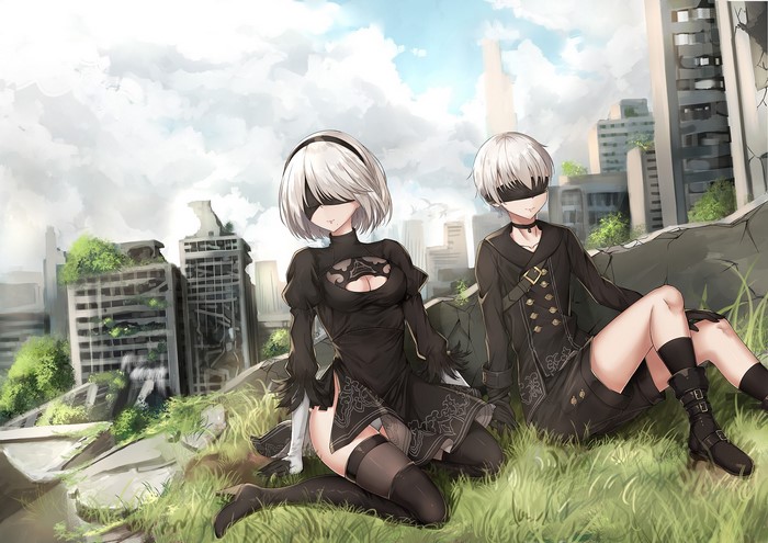 2B and 9S from Nier: Automata in a ruined city