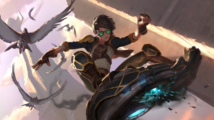 4K League of Legends character on a hoverboard with birds