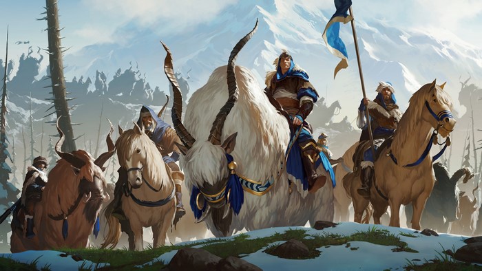 Fantasy art of a caravan with riders on horses and a large white creature