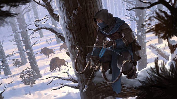 Archer hunting wild boars in a snowy forest