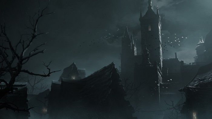 Dark fantasy castle at night with birds