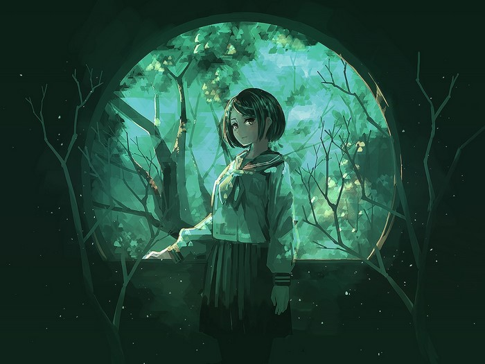 Anime girl in uniform in a forest