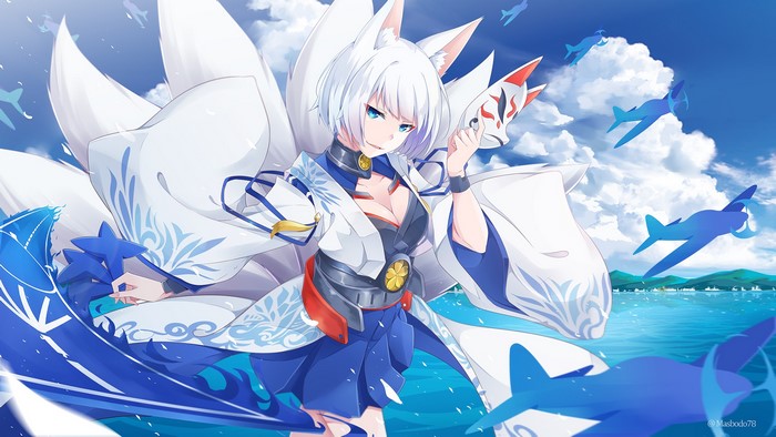 Kaga from Azur Lane with nine tails and fox ears