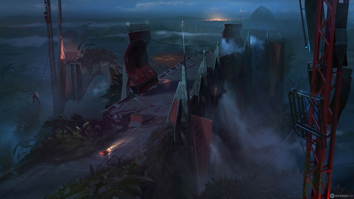 Artwork of a futuristic bridge at night with mist